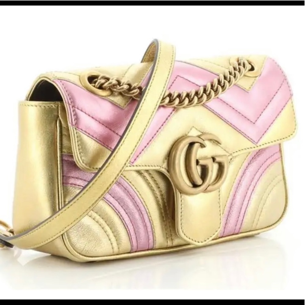 NWT small Gucci marmonne metallic pink/gold bag